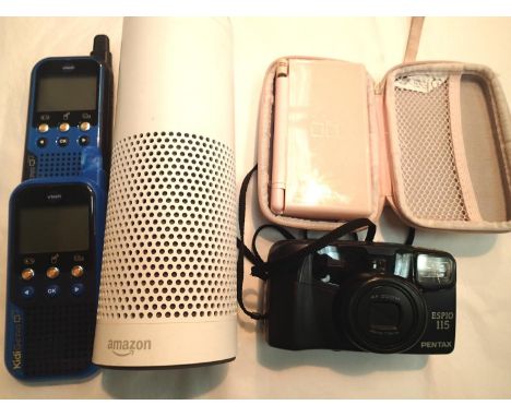 Pink Nintendo DS and two KidiGear walkie talkies and a Panorama digital camera and a Amazon voice activation unit. P&amp;P Gr