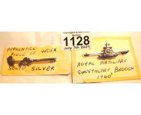 Silver Royal Artillery sweetheart brooch and a probably silver bar brooch. P&amp;P Group 1 (£14+VAT for the first lot and £1+