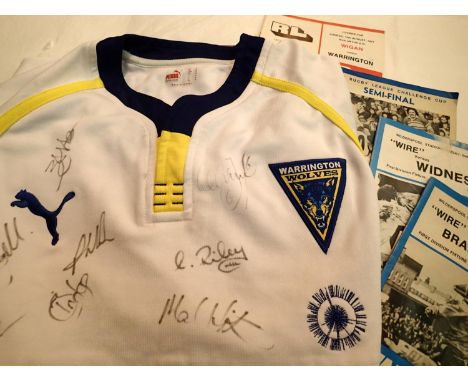 Selection of Warrington rugby team programmes with a squad signed shirt. P&amp;P Group 1 (£14+VAT for the first lot and £1+VA