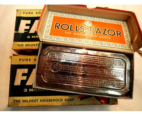 Two original pre 1970s Fairy Soap advertising boxes with contents and a cased Rolls razor. P&amp;P Group 1 (£14+VAT for the f