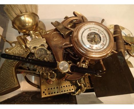 Box of brass ornaments including revolver, anchors, barometer. Not available for in-house P&amp;P, contact Paul O'Hea at Mail