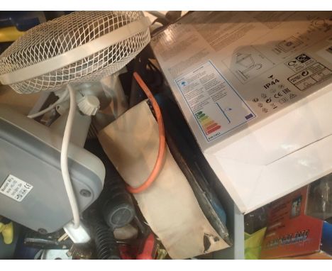 Two boxes of household electrical and hand tools plus mixed garage items. 