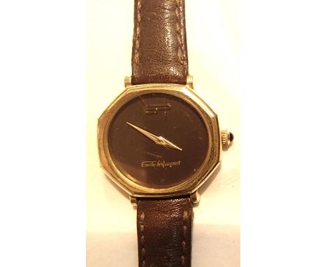 Emile Pequignet; ladies Swiss wristwatch with octagonal face, black dial, gold hands on original brown leather strap. P&amp;P