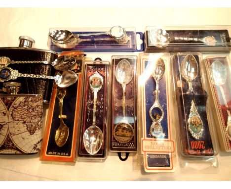 Box of hip flasks and souvenir spoons. P&amp;P Group 1 (£14+VAT for the first lot and £1+VAT for subsequent lots) 