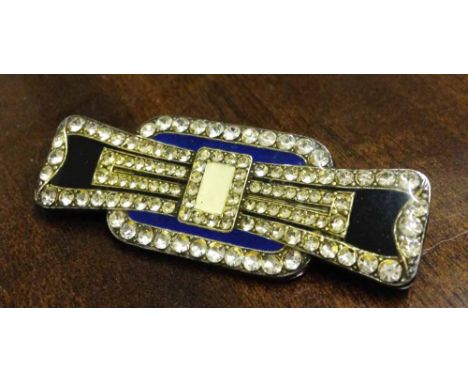 A silver Art Deco brooch with geometric design set in diamante on a blue, cream &amp; black enamel ground. No hallmark (tests