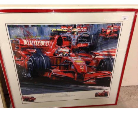 A framed &amp; glazed Kimi Raikkonen signed F1 motor racing print 'Winner Takes All' by Nicholas Watts No.6 of a limited edit