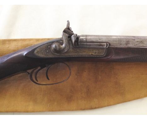 An antique double barelled percussion cap muzzle loading hunting gun - Maker E. Winton Tiverton. Lock engraved with Curlews &