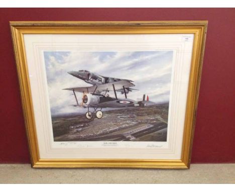 Framed and signed print 'Now And Then' by Peter R Westacott. A tribute to Sir Thomas Sopwith and British Aerospace. Bae Harri