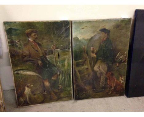 A pair of late 19th century oils on canvas of hunting &amp; fishing highland scenes. Signatures indistinct, in need of restor
