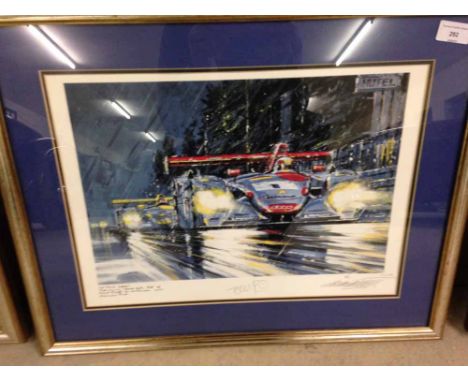 A signed framed &amp; glazed Limited Edition motor racing print by Nicholas Watts - Le Mans 2001 signed by the drivers Tom Kr