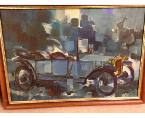 A framed oil on canvas of a Peugeot Quadrilette 1921 vintage car - signed &amp; dated TL Moutard Martin 1965. 44 x 60cm.