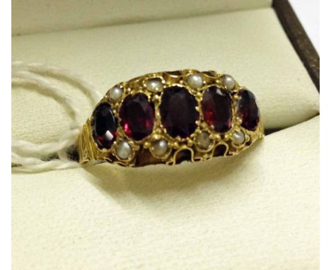 Antique Victorian 15ct gold garnet &amp; seed pearl dress ring. Chester hallmark 1880. Set with 5 oval cut garnets approx 0.3