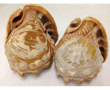 2 antique carved cameo shells converted to light shades. One carved with the 3 Graces and the other a flying chariot.