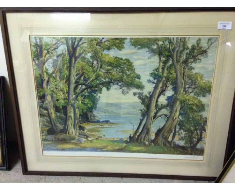 Signed print by S. J. Lamoras Birch of a woodland/lakeland scene. 60 x 74cm.