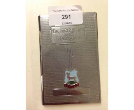 An Art Deco Driving Licence &amp; Insurance case in engine turned metal &amp; with 'Porlock' enamel shield.