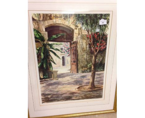 A framed &amp; glazed limited edition print of an original watercolour 'Old Courtyard', signed in pencil by artist Veronica C