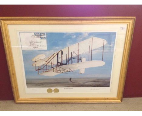 Framed and signed print 'The Dream is Fulfilled' by Peter R Westacott. Produced to celebrate the Wright Brothers, Wilber and 