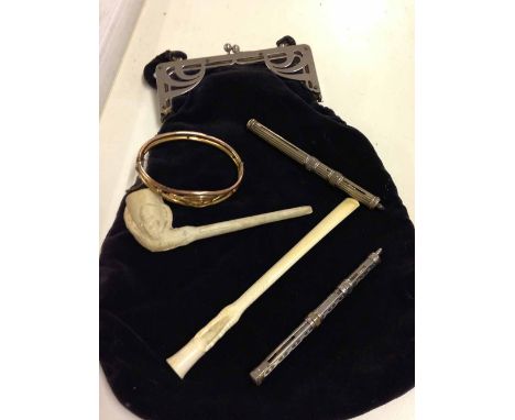 A collection of misc items to include an Art Deco handbag, an ivory birds claw cigarette holder, bangle, clay pipe and 2 prop