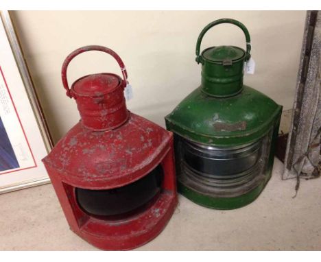 A pair of vintage Port &amp; Starboard ships lanterns painted green and red.