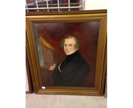 A framed oil on canvas - portrait of a gentleman 'Mr Williams' c1850. 37 x 32" - unsigned. Restoration to hand area.