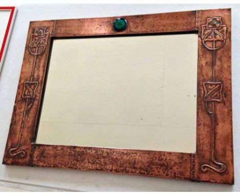 Original Arts &amp; Crafts Rennie Mackintosh style copper framed mirror with Ruskin teal/blue ceramic cabochon. 57 x 77cm.