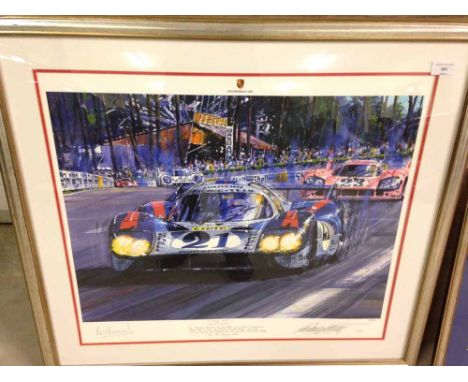 A framed &amp; glazed Limited Edition motor racing print by Nicholas Watts - Le Mans 1971 signed by the drivers Vic Elford &a