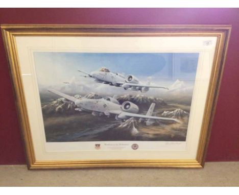 Framed and signed print 'Warthogs in the Wilderness' by Peter R Westacott. Depicting Michigan Air Nation Guard A10 Thunderbol