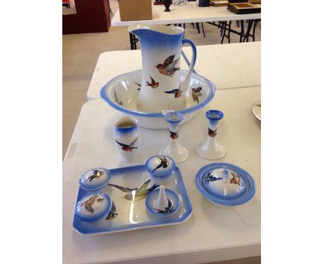 Large antique wash set by Empire ware to include tray, candle sticks, soap bowl with lid, vase, trinket pots, large jug &amp;