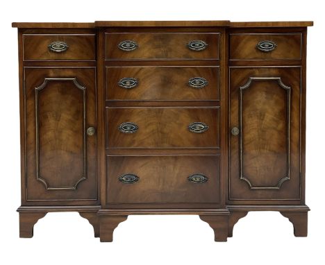 Small Georgian style mahogany breakfront sideboard, fitted with six drawers and two cupboards, on bracket feet Dimensions: He