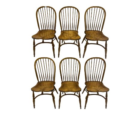 Set of six elm Windsor chairs, stick and hoop back, saddle seats with crinoline stretcher baseDimensions: Length/Width:&nbsp;