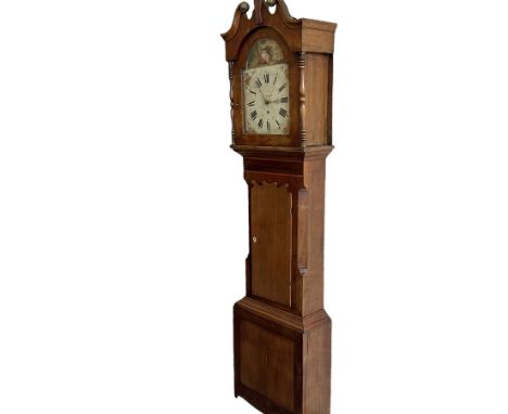 A mid-19th century 30 hour longcase clock in an oak and mahogany case with an inset maple panel and satinwood inlay, swans ne