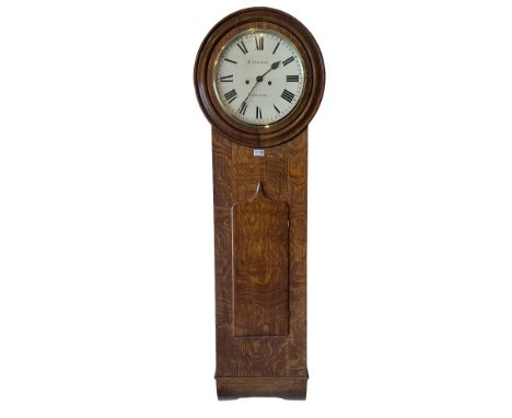 A late 19th century English oak cased wall clock retailed by R, Wilson, Nuneaton (Warx) c 1880, in figured oak case with a sh