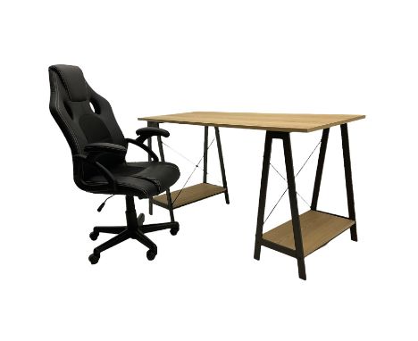 Light wood finish trestle desk, and an office chairDimensions: Height:&nbsp;76cm&nbsp; Length/Width:&nbsp;140cm&nbsp; Depth/D