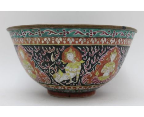 A 19th century Chinese Thai market Bencharong (five colours) ceramic bowl, exterior black ground, with painted Norasingh Deit