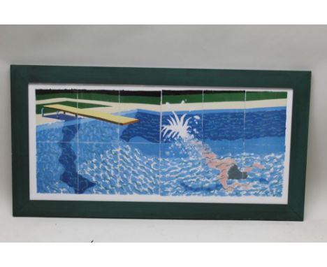 After David Hockney, 'The Diver' colour print, 38cm x 92cm, plain green painted frame, glazed 