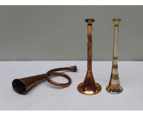 A copper hunting horn with brass bands &amp; mouthpiece, 22cm long, a similar hunting horn with plain stem &amp; brass mouthp
