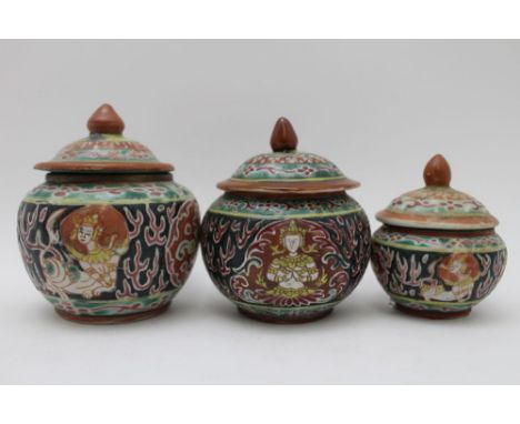 Three 19th century Chinese Thai market Bencharong (five colours) lidded ceramic bowls, exterior with painted Norasingh Deity 