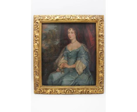 19th century English School oil on canvas female portrait, seated in front of a red curtain with views to woodlands behind, 3