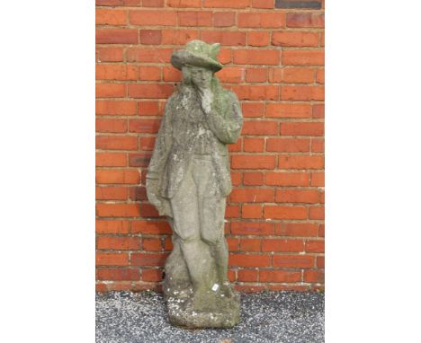 A reconstituted stone statue, cast as a 19th century aesthete, a young man with a feather in his broad brim hat, 137cm high 