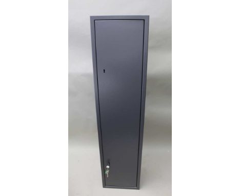 A grey steel gun cabinet with internal ammunition safe, 148cm high with wall bolts &amp; keys 