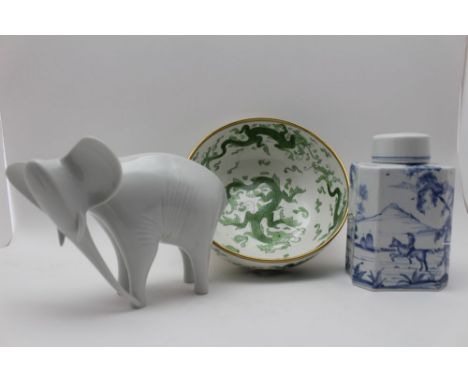 A Royal Dux porcelain figure of an elephant, together with a Paragon bowl, dragon decorated, 20cm in diameter and a blue &amp
