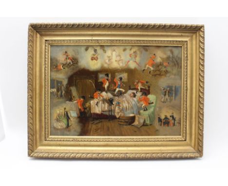 19th century English School oil on board ' The Huntsman's Nightmare ' the bedridden fellow being attacked by Foxes in Hunting