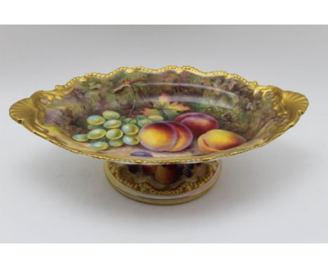A Royal Worcester 'painted fruit' comport by Thomas Lockyer, shaped oval form with gilded rim, painted with a still life comp