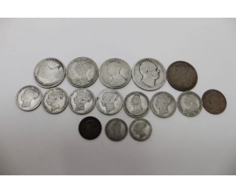 A group of silver UK coins to include William IV 1/2 crowns, four Victoria Gothic florins, eight old head 1/-, three 6d, 103g