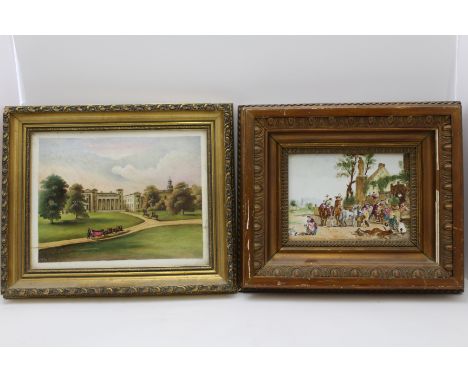 Two 19th century painted porcelain plaques, one depicts a horse drawn carriage on the drive of a Stately home, inscribed to t