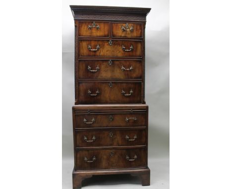 A 19th century small proportions chest on chest, with dentil cornice over Chinese Chippendale design blind fretwork frieze an