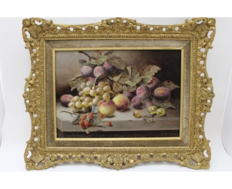 Oliver Clare (1853-1927) 'Still Life, fruit' (displayed on a shelf, plums, grapes, peaches, raspberries &amp; gooseberries), 