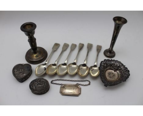 A selection of silver items, to include; a heart shaped pill box, an oval pill box, pierced silver pin tray, silver 'Whisky' 