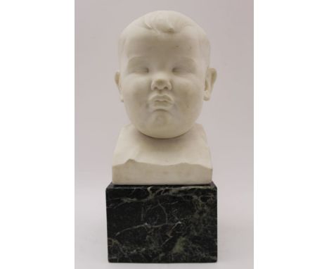 Ernest Roland Bevan R.A. (1891-1979) A carved marble portrait head of a child, Ian Grant, c.1920, monogrammed, 27cm high, mou