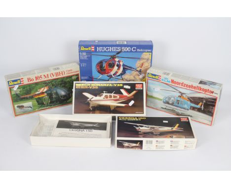 Revell, Academy - Five boxed plastic model aircraft kits in various scales. Lot includes Academy #1609 1:48 Beech Bonanza V35